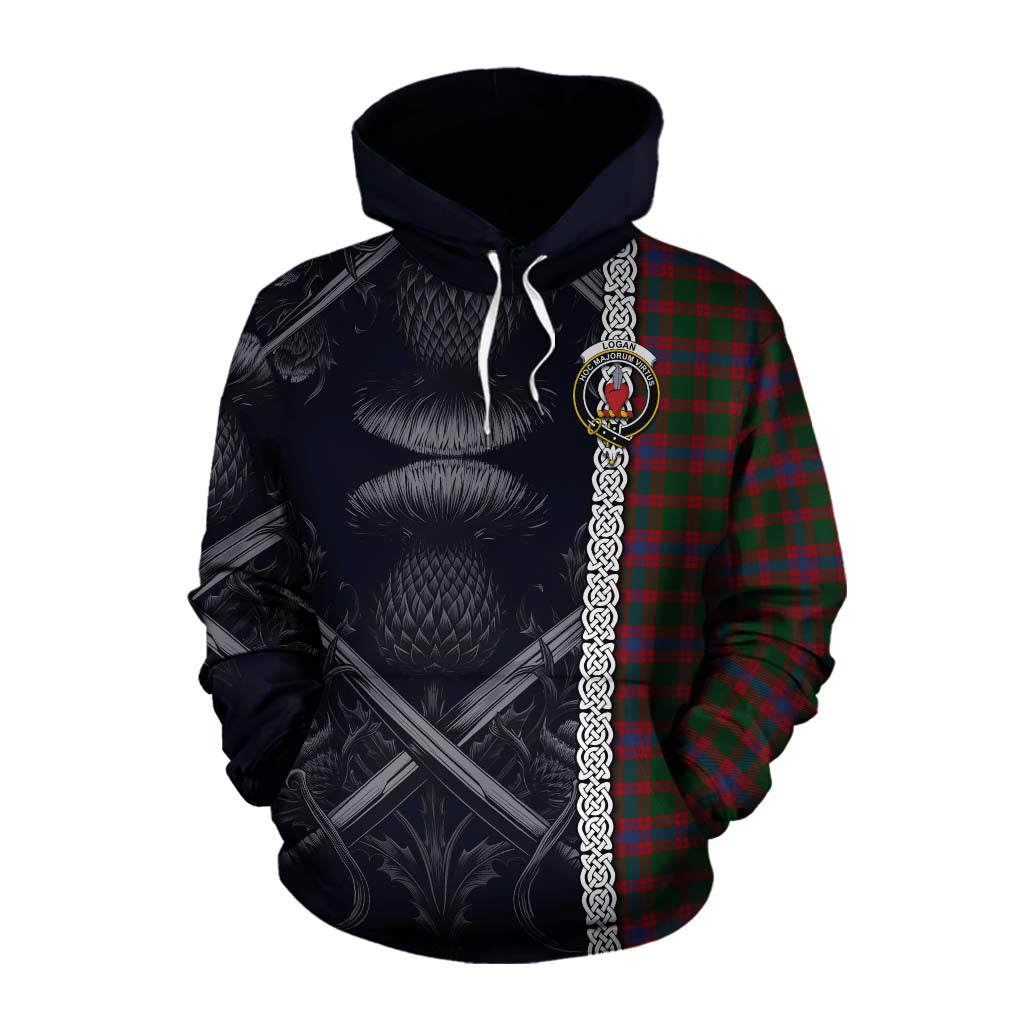 Tartan Vibes Clothing Logan Tartan Cotton Hoodie with Family Crest Cross Sword Thistle Celtic Vibes