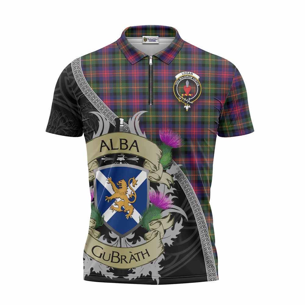 Tartan Vibes Clothing Logan Tartan Family Crest Zipper Polo Shirt Lion Rampant Royal Thistle Shield Celtic Inspired