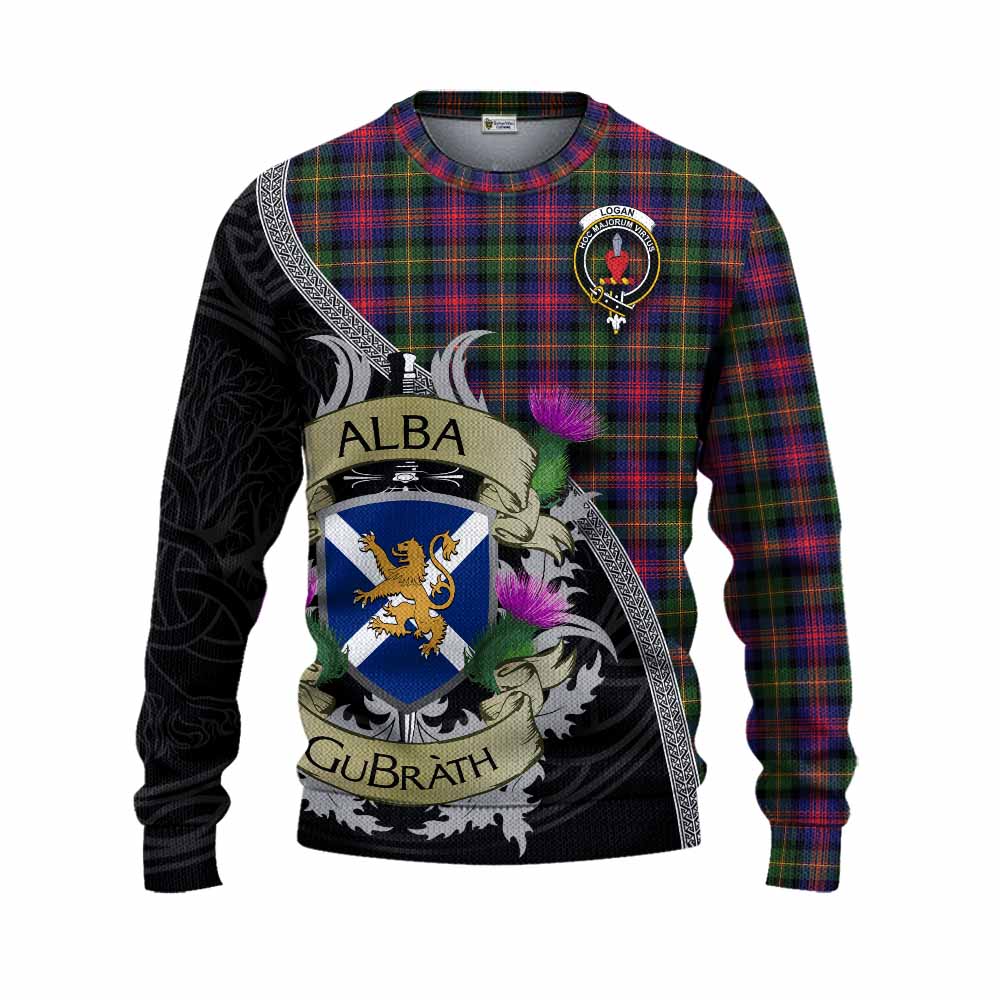 Tartan Vibes Clothing Logan Tartan Family Crest Knitted Sweater Lion Rampant Royal Thistle Shield Celtic Inspired