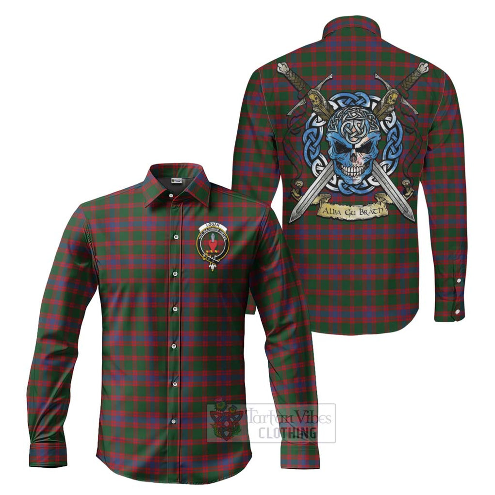 Tartan Vibes Clothing Logan Tartan Long Sleeve Button Shirt with Family Crest Celtic Skull Style