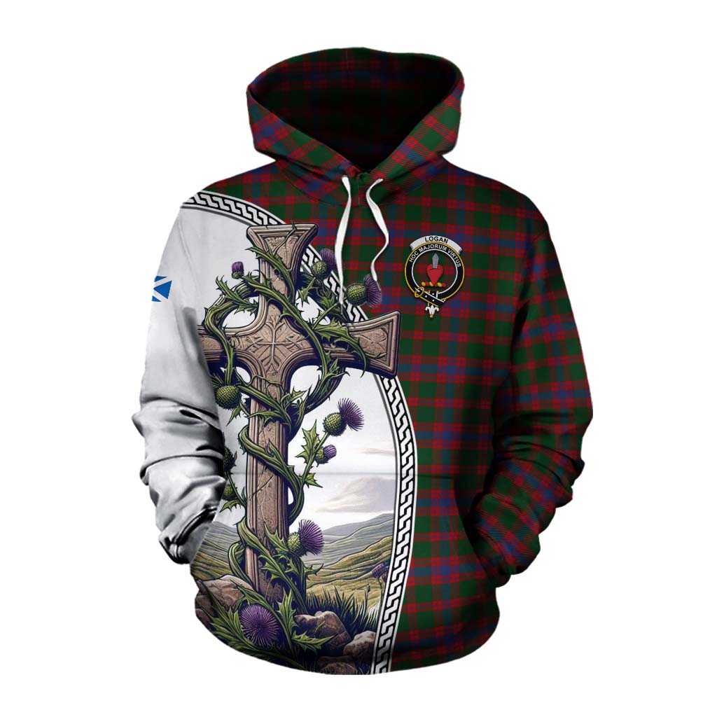 Tartan Vibes Clothing Logan Tartan Cotton Hoodie with Family Crest and St. Andrew's Cross Accented by Thistle Vines