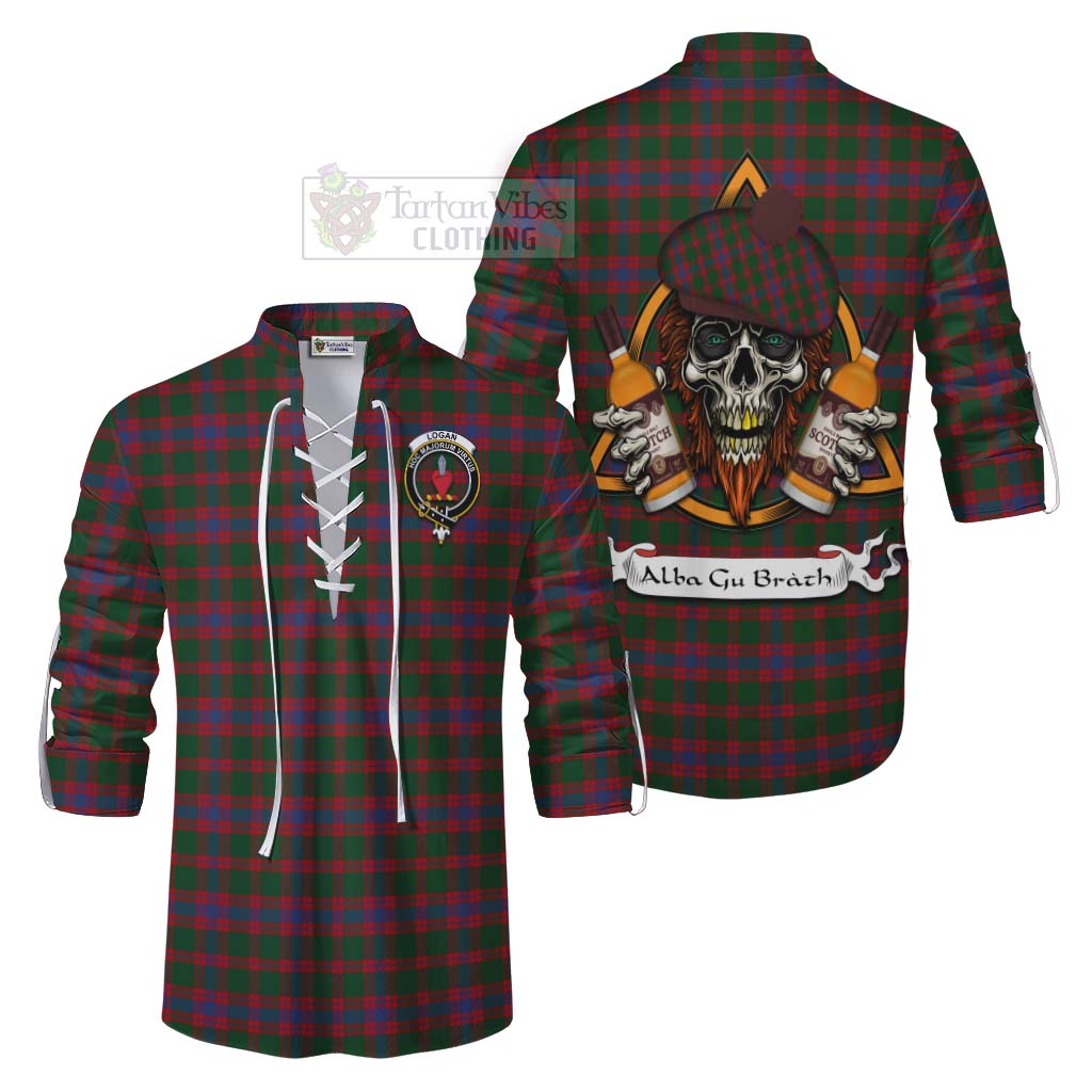 Tartan Vibes Clothing Logan Tartan Ghillie Kilt Shirt with Family Crest and Bearded Skull Holding Bottles of Whiskey