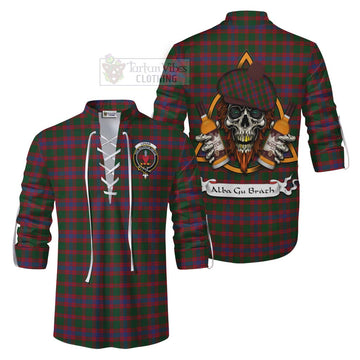 Logan Tartan Ghillie Kilt Shirt with Family Crest and Bearded Skull Holding Bottles of Whiskey