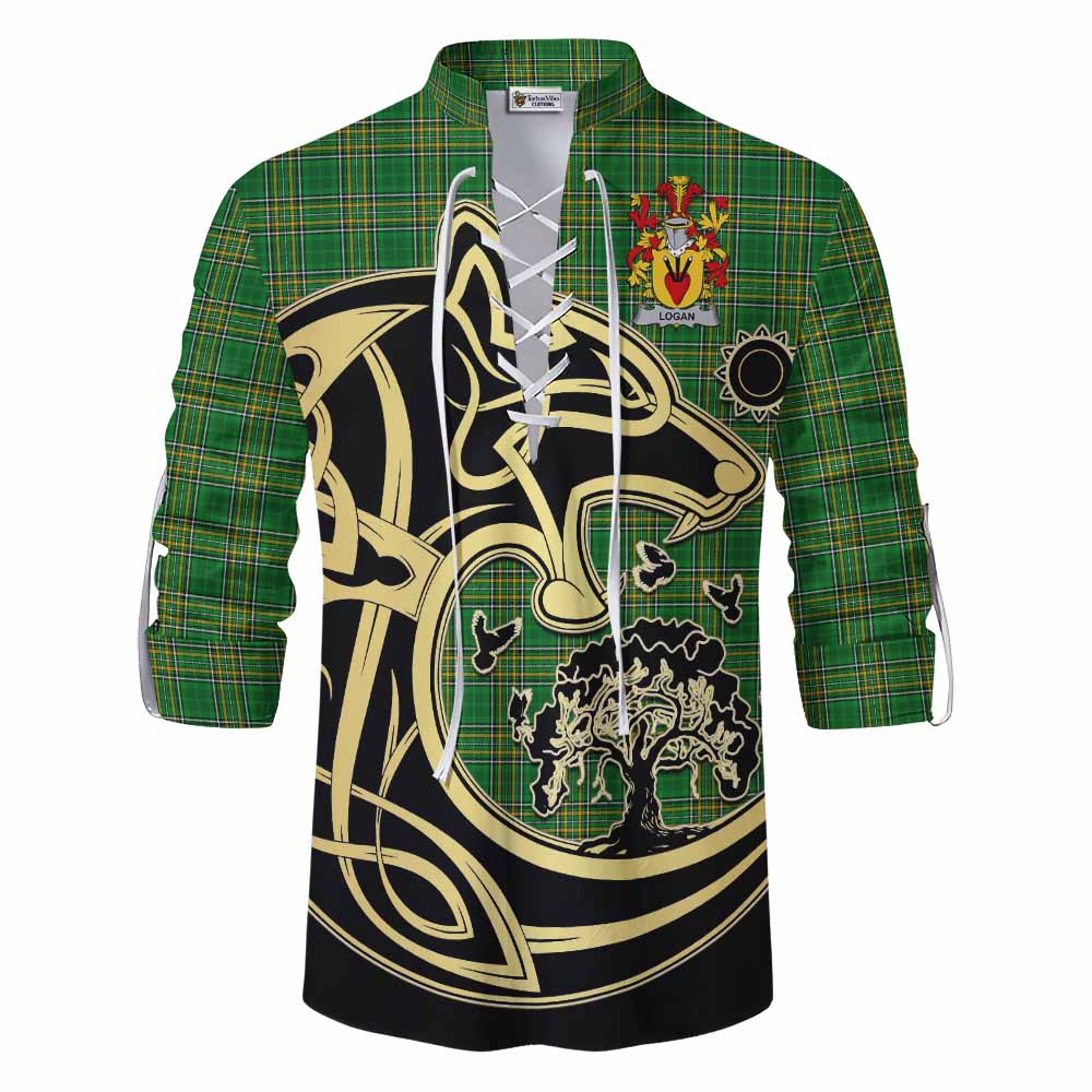 Tartan Vibes Clothing Logan Irish Tartan Ghillie Kilt Shirt with Coat of Arms Celtic Wolf Style