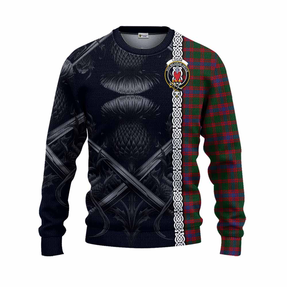 Tartan Vibes Clothing Logan Tartan Knitted Sweater with Family Crest Cross Sword Thistle Celtic Vibes