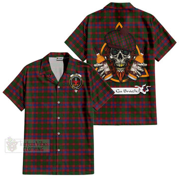 Logan Tartan Hawaiian Shirt with Family Crest and Bearded Skull Holding Bottles of Whiskey