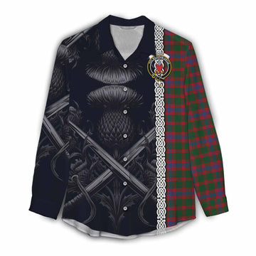 Tartan Vibes Clothing Logan Tartan Women's Casual Shirt with Family Crest Cross Sword Thistle Celtic Vibes