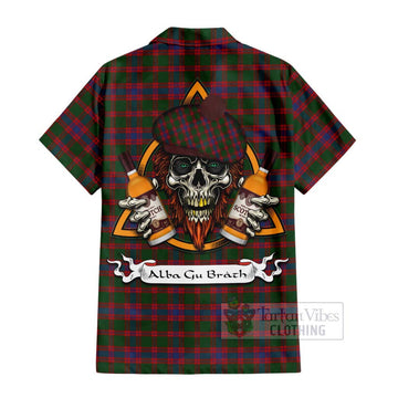 Logan Tartan Hawaiian Shirt with Family Crest and Bearded Skull Holding Bottles of Whiskey