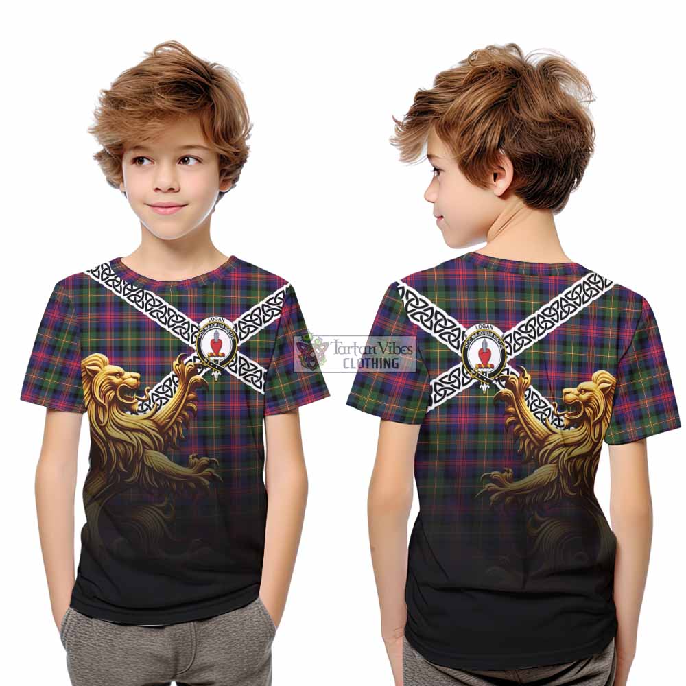 Tartan Vibes Clothing Logan Crest Tartan Kid T-Shirt with Golden Lion Emblem Celtic Style