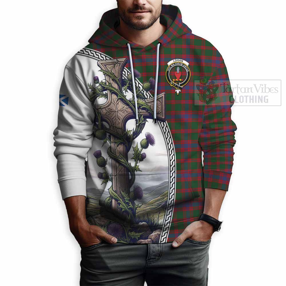 Tartan Vibes Clothing Logan Tartan Hoodie with Family Crest and St. Andrew's Cross Accented by Thistle Vines