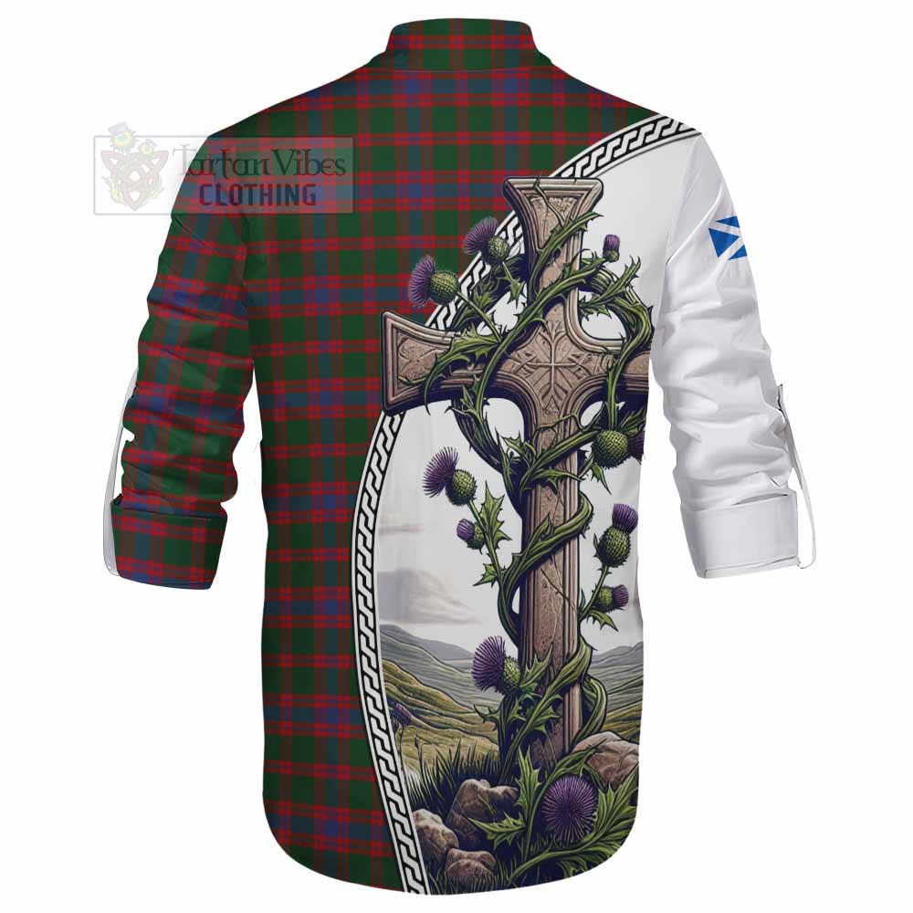 Tartan Vibes Clothing Logan Tartan Ghillie Kilt Shirt with Family Crest and St. Andrew's Cross Accented by Thistle Vines
