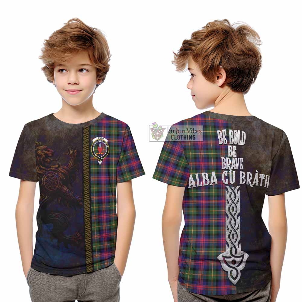 Tartan Vibes Clothing Logan Tartan Family Crest Kid T-Shirt Alba Gu Brath Be Brave Lion Ancient Style