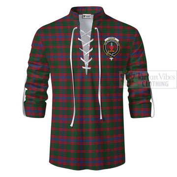 Logan Tartan Ghillie Kilt Shirt with Family Crest and Bearded Skull Holding Bottles of Whiskey