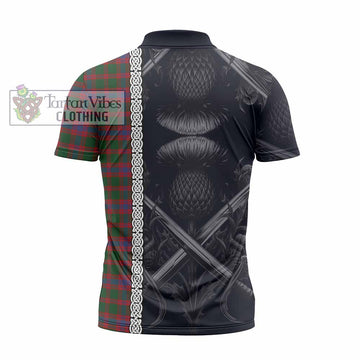 Logan Tartan Zipper Polo Shirt with Family Crest Cross Sword Thistle Celtic Vibes