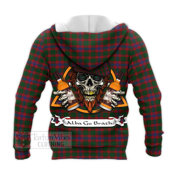 Logan Tartan Knitted Hoodie with Family Crest and Bearded Skull Holding Bottles of Whiskey