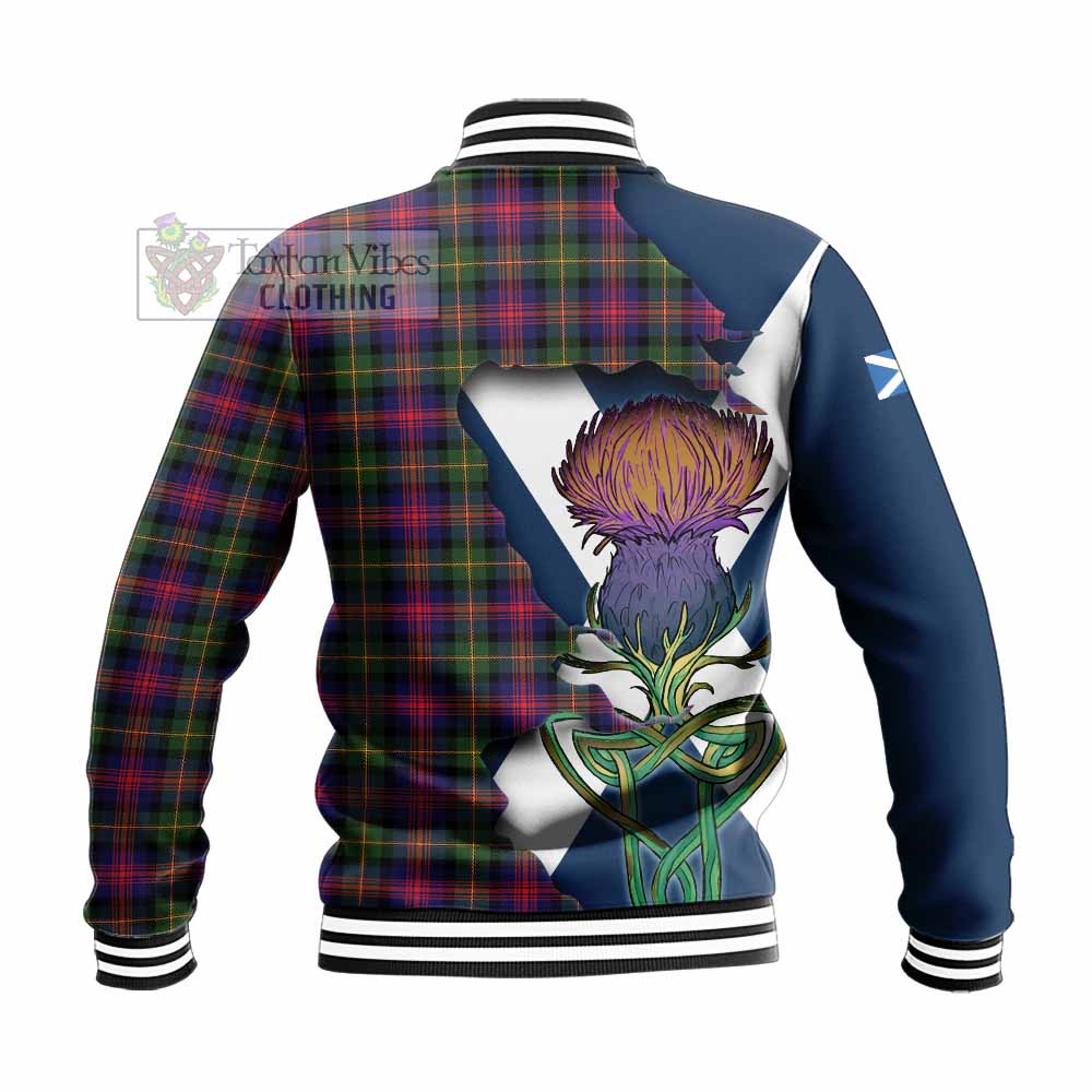 Tartan Vibes Clothing Logan Tartan Family Crest Baseball Jacket Scottish Thistle Celtic Inspired