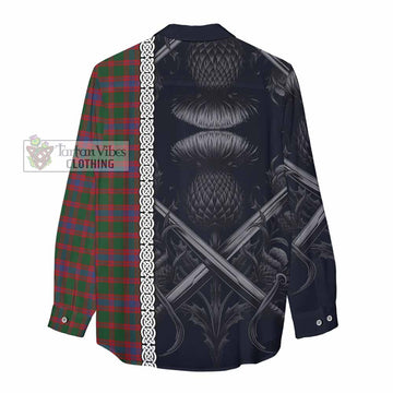 Tartan Vibes Clothing Logan Tartan Women's Casual Shirt with Family Crest Cross Sword Thistle Celtic Vibes