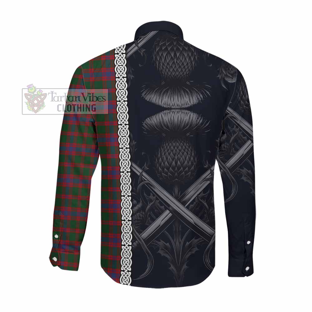 Tartan Vibes Clothing Logan Tartan Long Sleeve Button Shirt with Family Crest Cross Sword Thistle Celtic Vibes
