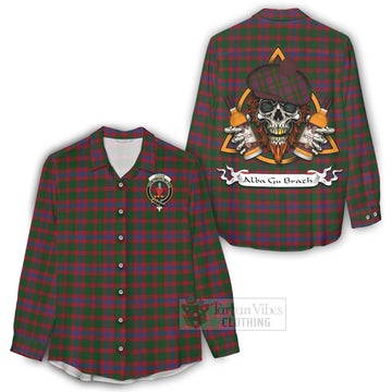 Logan Tartan Women's Casual Shirt with Family Crest and Bearded Skull Holding Bottles of Whiskey