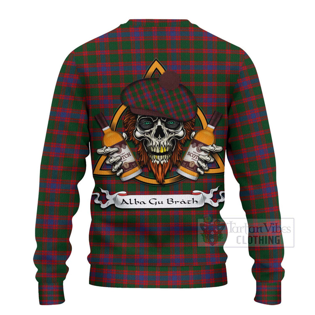 Tartan Vibes Clothing Logan Tartan Knitted Sweater with Family Crest and Bearded Skull Holding Bottles of Whiskey
