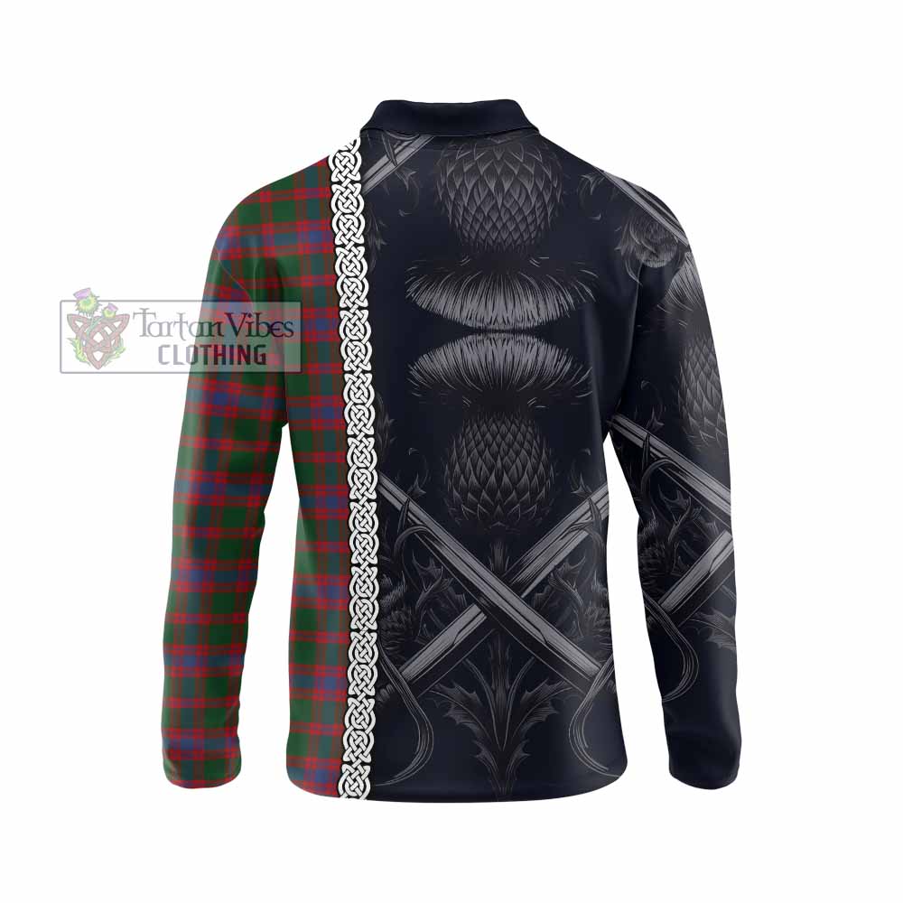 Tartan Vibes Clothing Logan Tartan Long Sleeve Polo Shirt with Family Crest Cross Sword Thistle Celtic Vibes