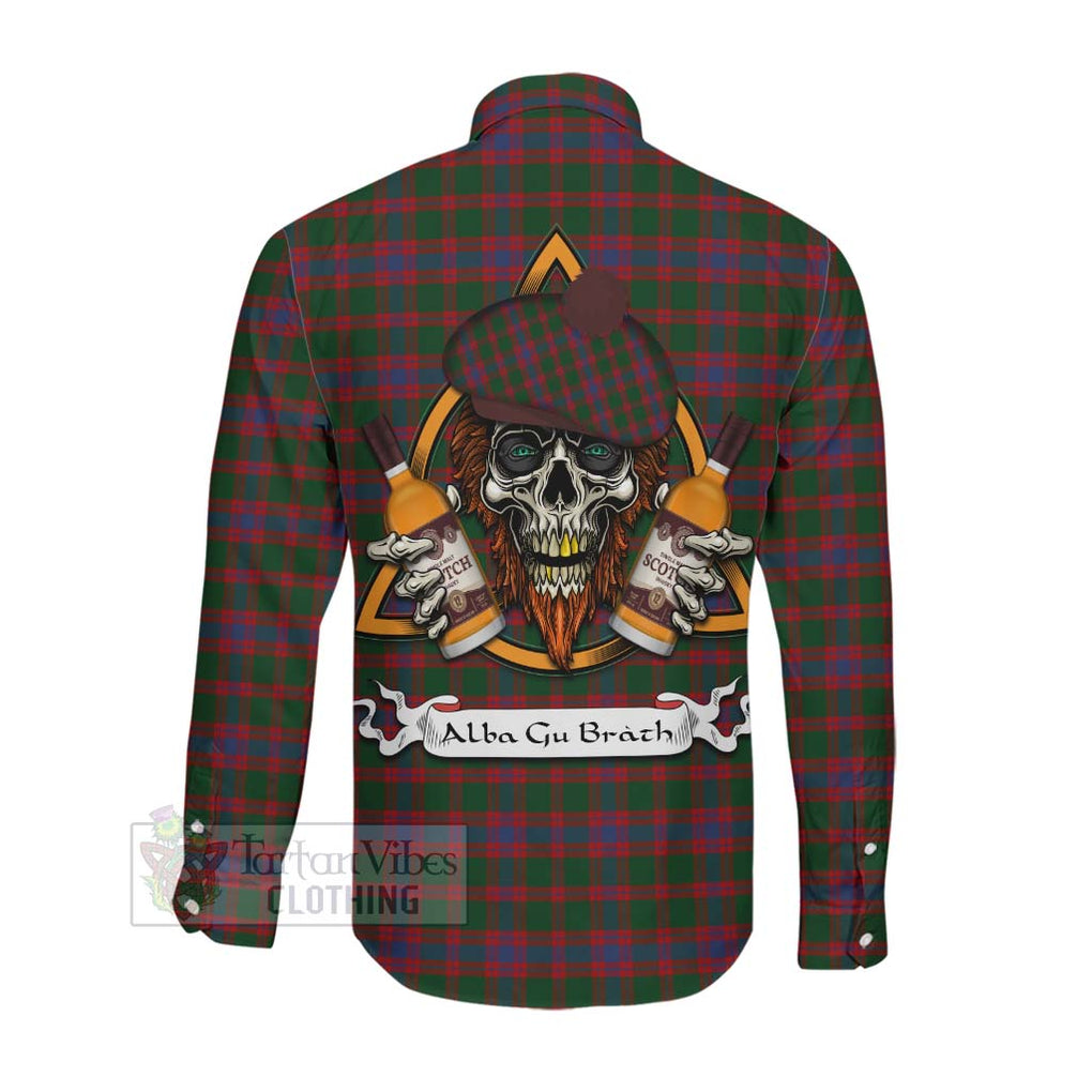 Tartan Vibes Clothing Logan Tartan Long Sleeve Button Shirt with Family Crest and Bearded Skull Holding Bottles of Whiskey