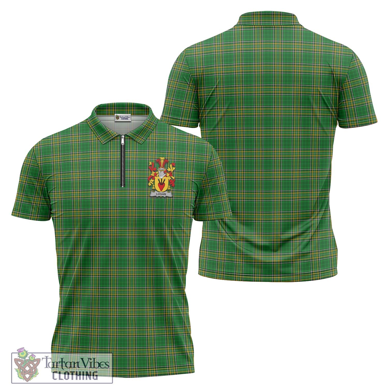 Tartan Vibes Clothing Logan Ireland Clan Tartan Zipper Polo Shirt with Coat of Arms