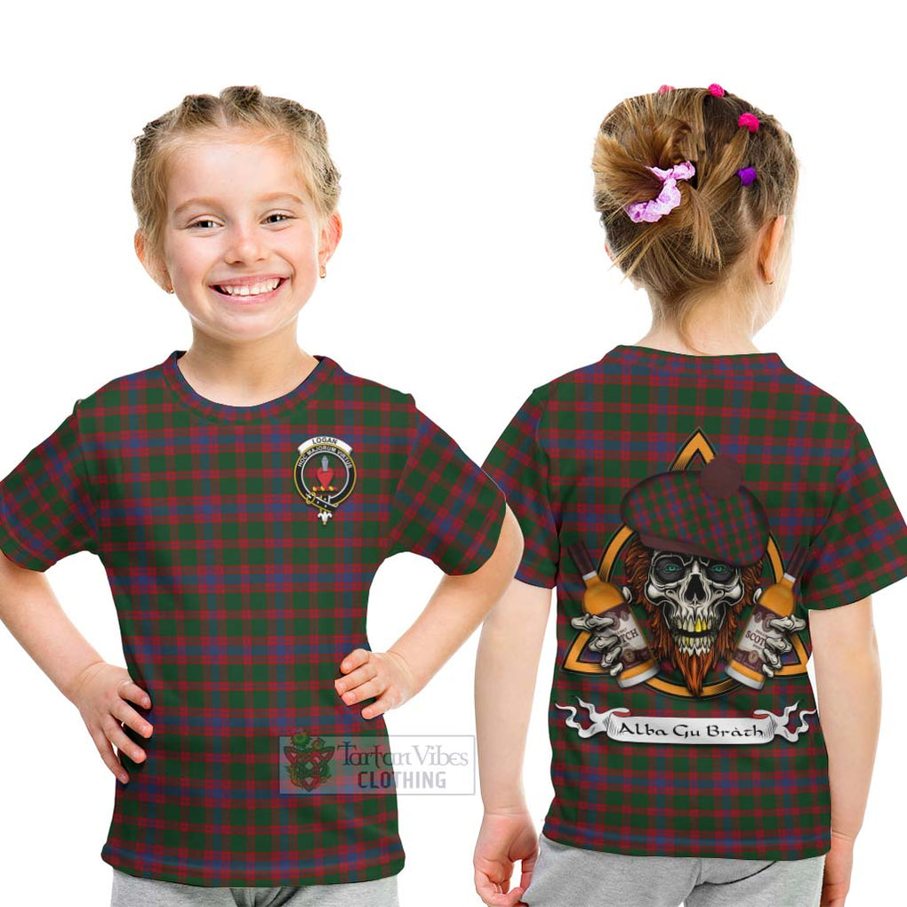 Tartan Vibes Clothing Logan Tartan Kid T-Shirt with Family Crest and Bearded Skull Holding Bottles of Whiskey
