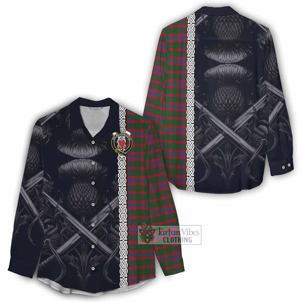 Tartan Vibes Clothing Logan Tartan Women's Casual Shirt with Family Crest Cross Sword Thistle Celtic Vibes