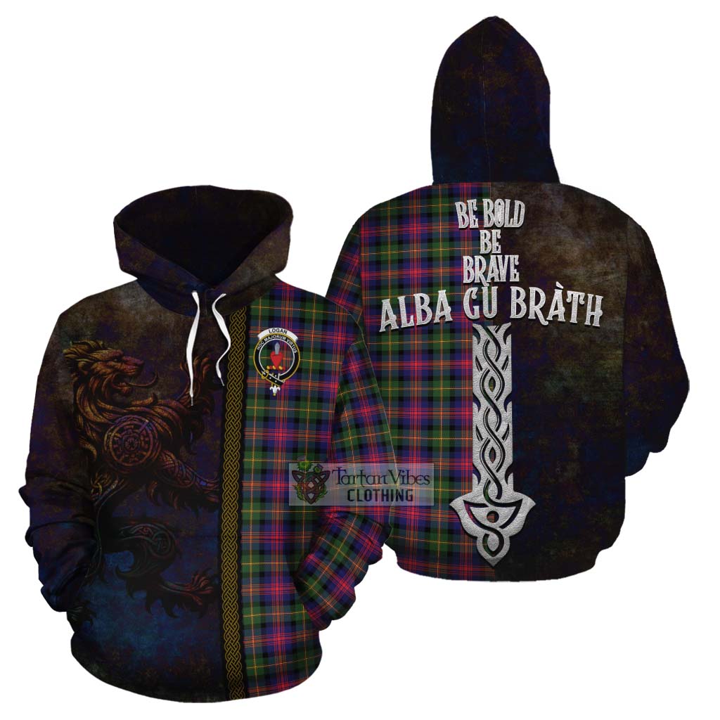 Tartan Vibes Clothing Logan Tartan Family Crest Cotton Hoodie Alba Gu Brath Be Brave Lion Ancient Style