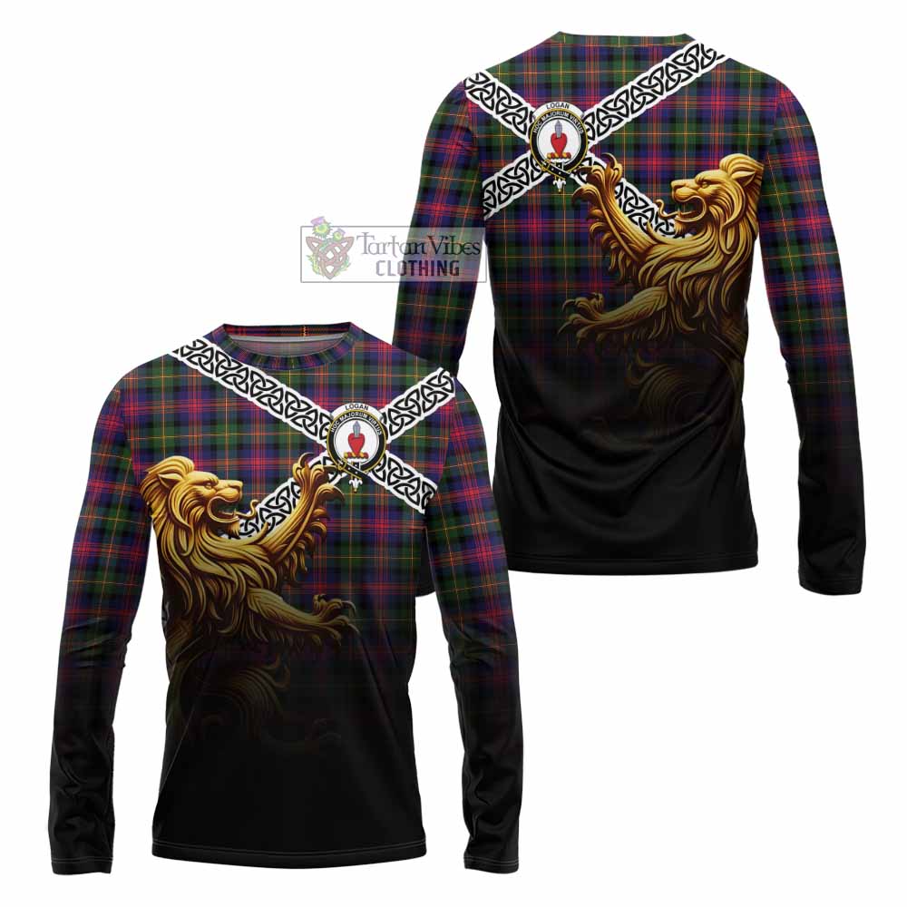 Tartan Vibes Clothing Logan Crest Tartan Long Sleeve T-Shirt with Golden Lion Emblem Celtic Style