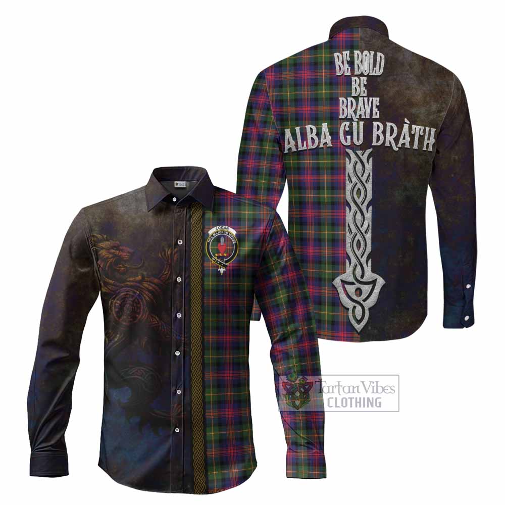 Tartan Vibes Clothing Logan Tartan Family Crest Long Sleeve Button Shirt Alba Gu Brath Be Brave Lion Ancient Style