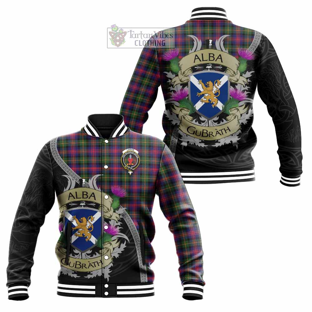 Tartan Vibes Clothing Logan Tartan Family Crest Baseball Jacket Lion Rampant Royal Thistle Shield Celtic Inspired