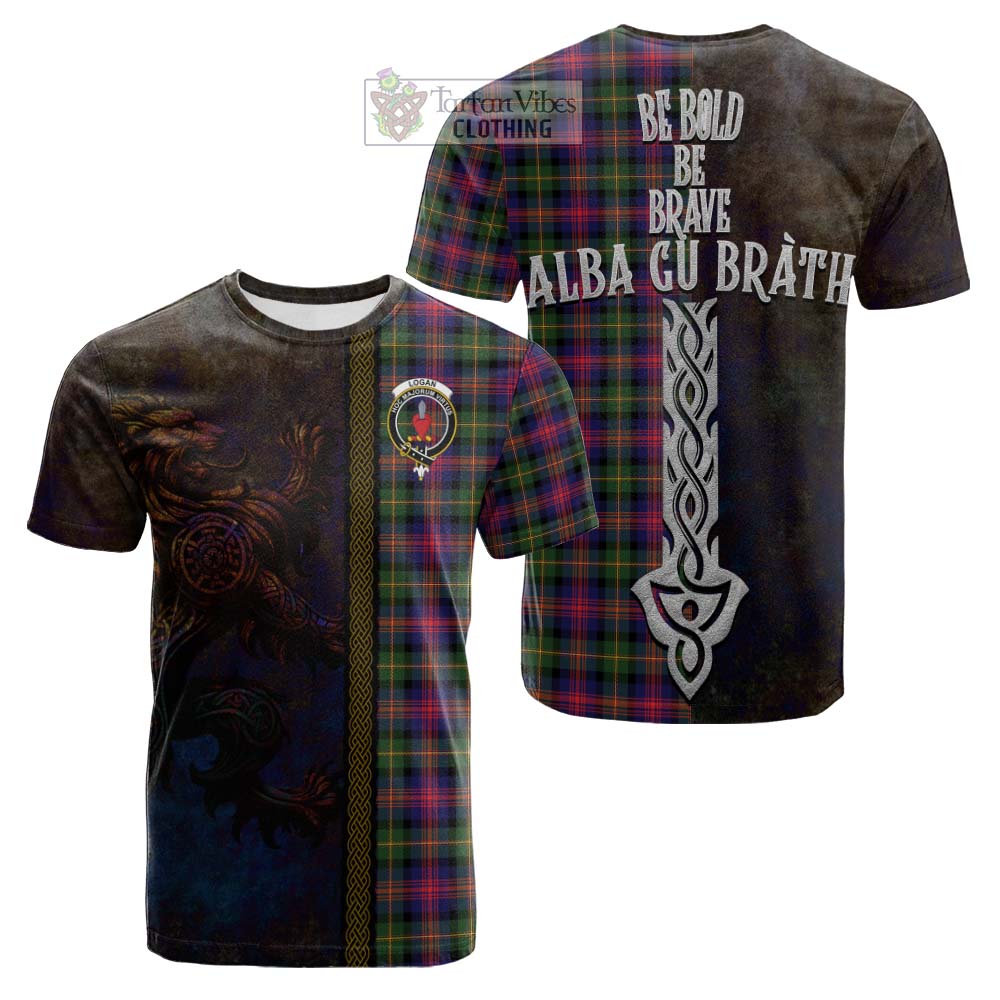 Tartan Vibes Clothing Logan Tartan Family Crest Cotton T-shirt Alba Gu Brath Be Brave Lion Ancient Style