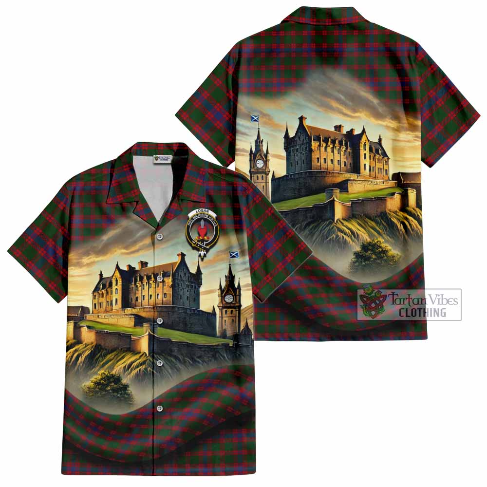 Tartan Vibes Clothing Logan Tartan Family Crest Short Sleeve Button Shirt with Scottish Ancient Castle Style