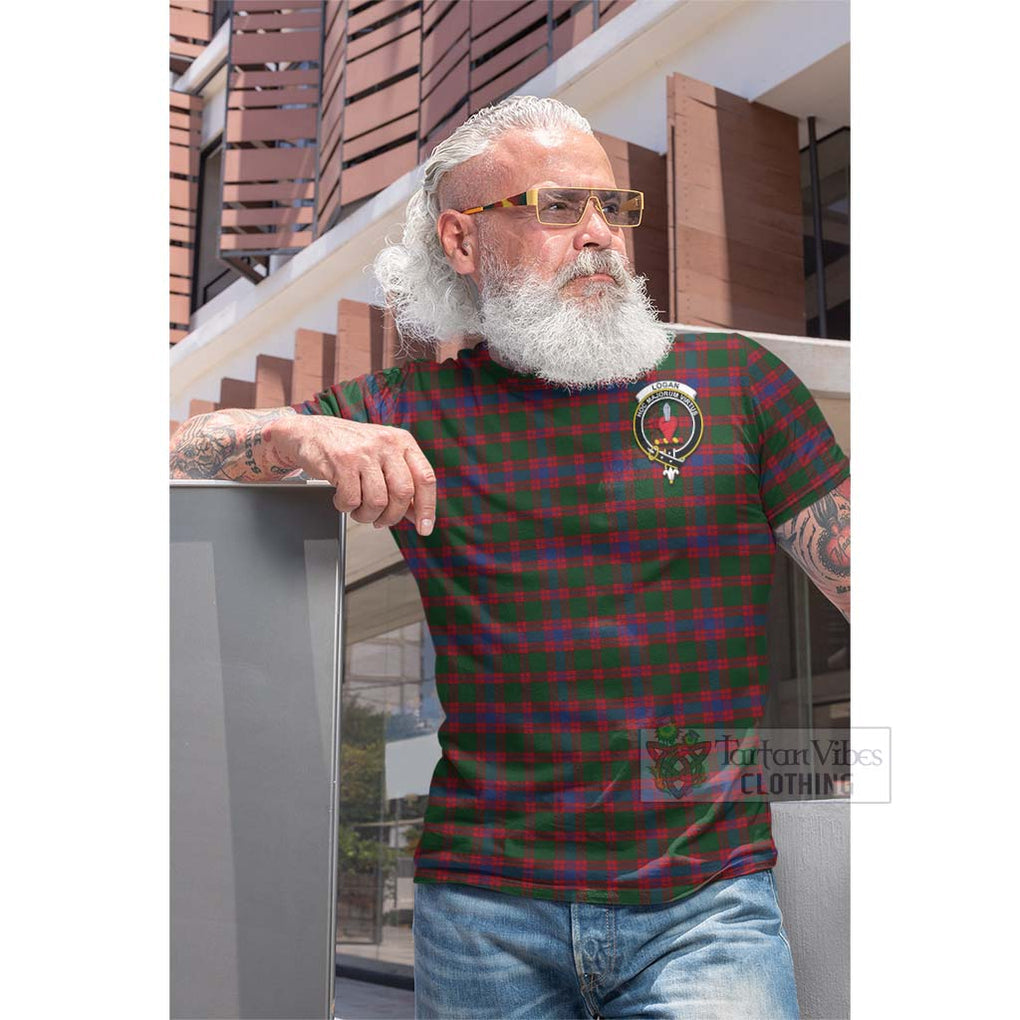 Tartan Vibes Clothing Logan Tartan Cotton T-shirt with Family Crest and Bearded Skull Holding Bottles of Whiskey
