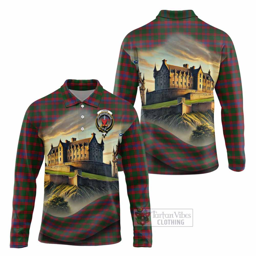 Tartan Vibes Clothing Logan Tartan Family Crest Long Sleeve Polo Shirt with Scottish Ancient Castle Style