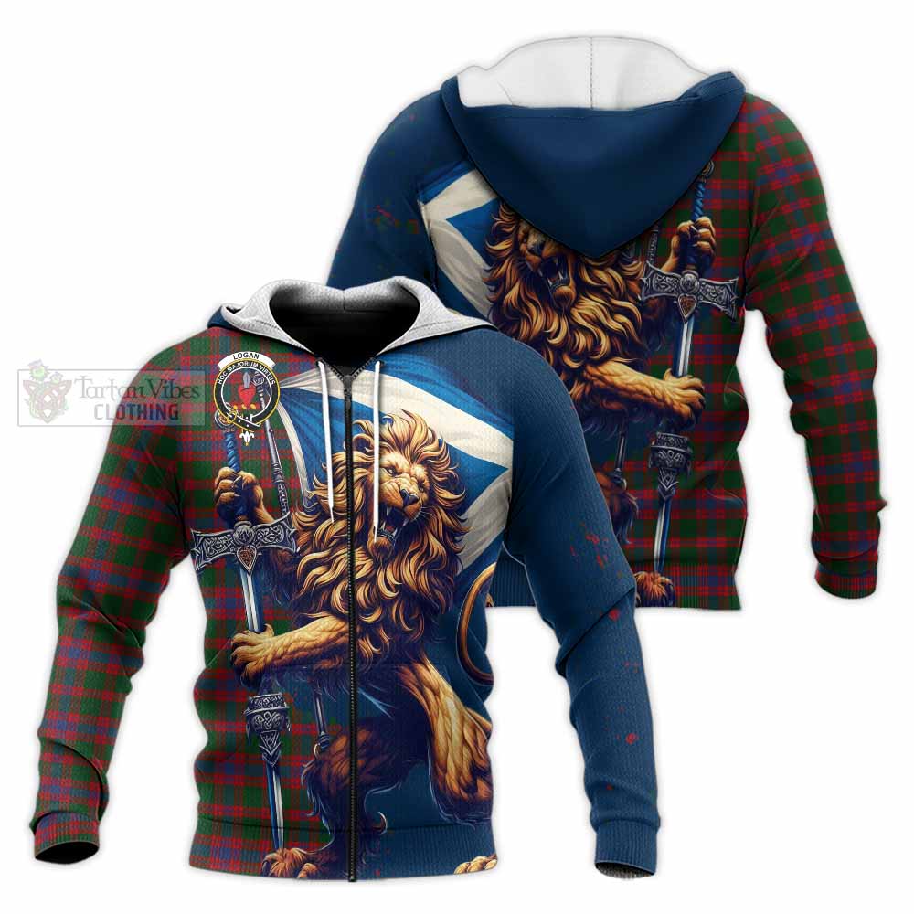 Tartan Vibes Clothing Logan Tartan Family Crest Knitted Hoodie with Scottish Majestic Lion