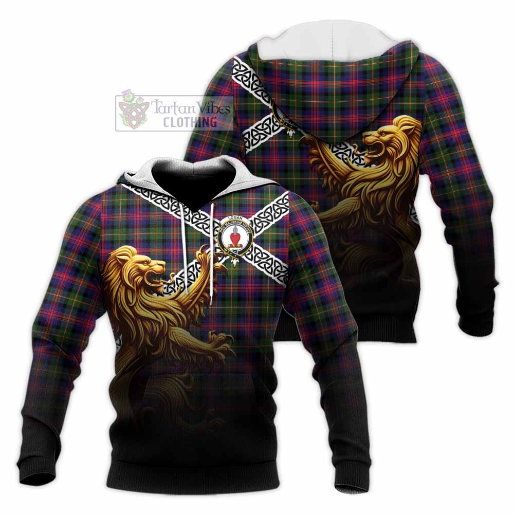 Tartan Vibes Clothing Logan Crest Tartan Knitted Hoodie with Golden Lion Emblem Celtic Style