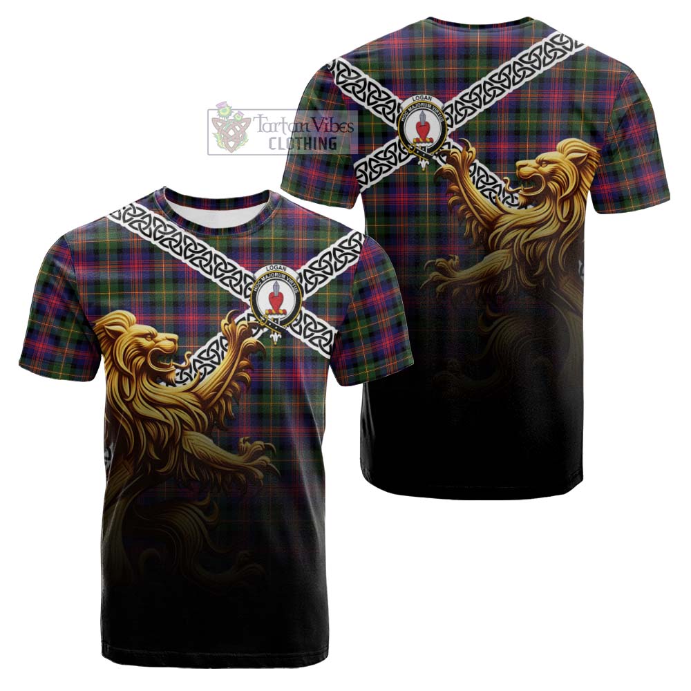 Tartan Vibes Clothing Logan Crest Tartan Cotton T-shirt with Golden Lion Emblem Celtic Style