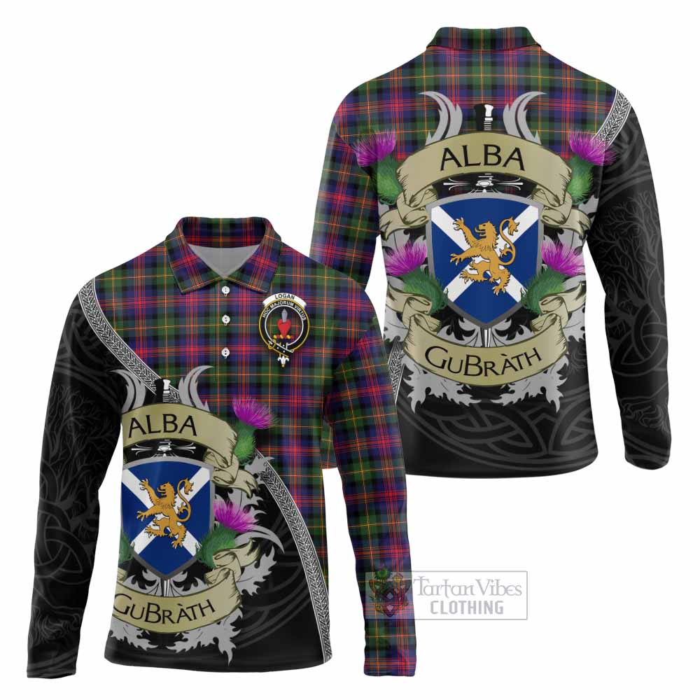 Tartan Vibes Clothing Logan Tartan Family Crest Long Sleeve Polo Shirt Lion Rampant Royal Thistle Shield Celtic Inspired