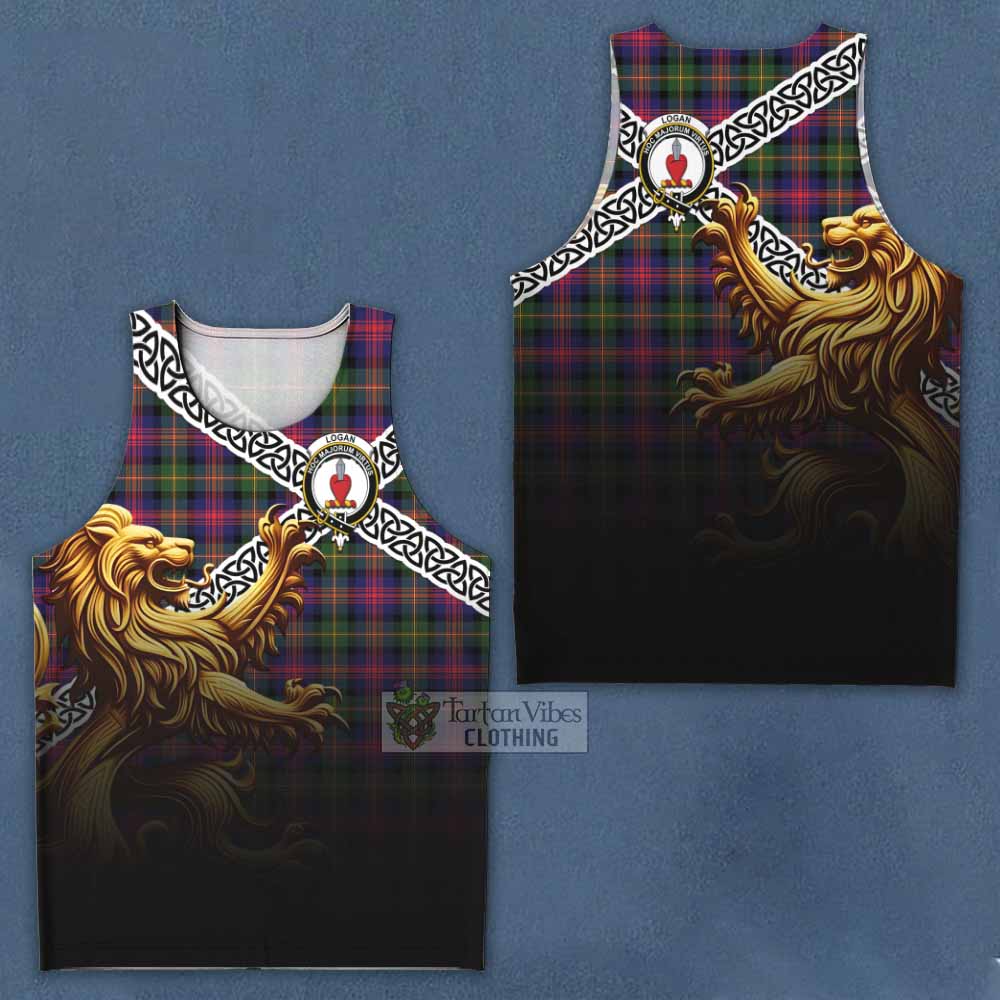 Tartan Vibes Clothing Logan Crest Tartan Men's Tank Top with Golden Lion Emblem Celtic Style