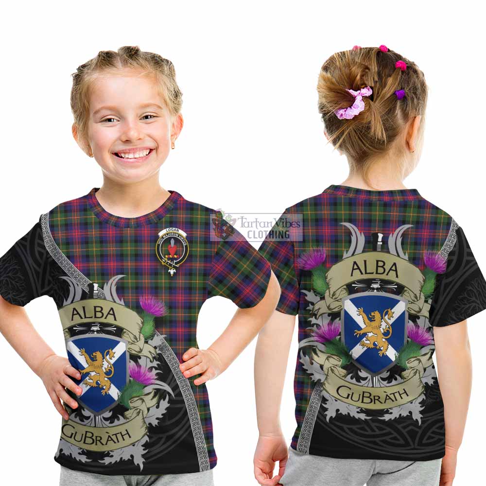 Tartan Vibes Clothing Logan Tartan Family Crest Kid T-Shirt Lion Rampant Royal Thistle Shield Celtic Inspired