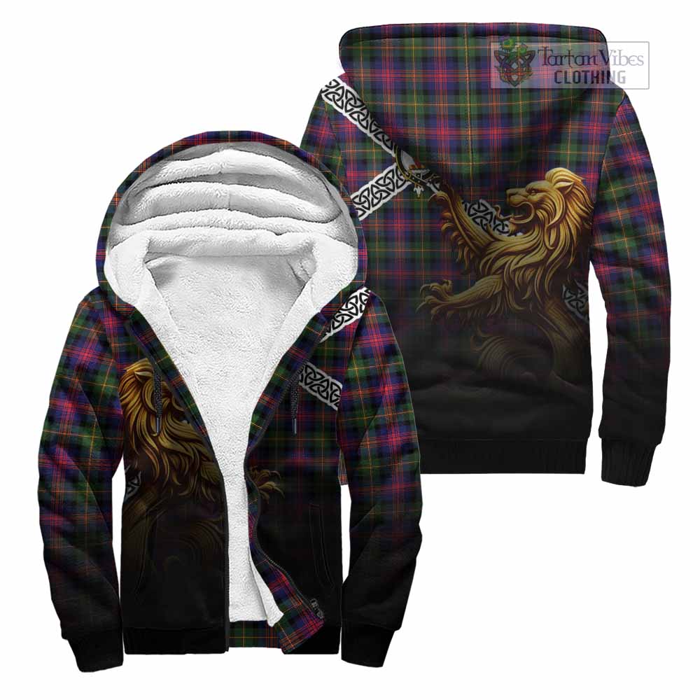Tartan Vibes Clothing Logan Crest Tartan Sherpa Hoodie with Golden Lion Emblem Celtic Style