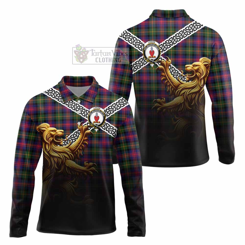 Tartan Vibes Clothing Logan Crest Tartan Long Sleeve Polo Shirt with Golden Lion Emblem Celtic Style