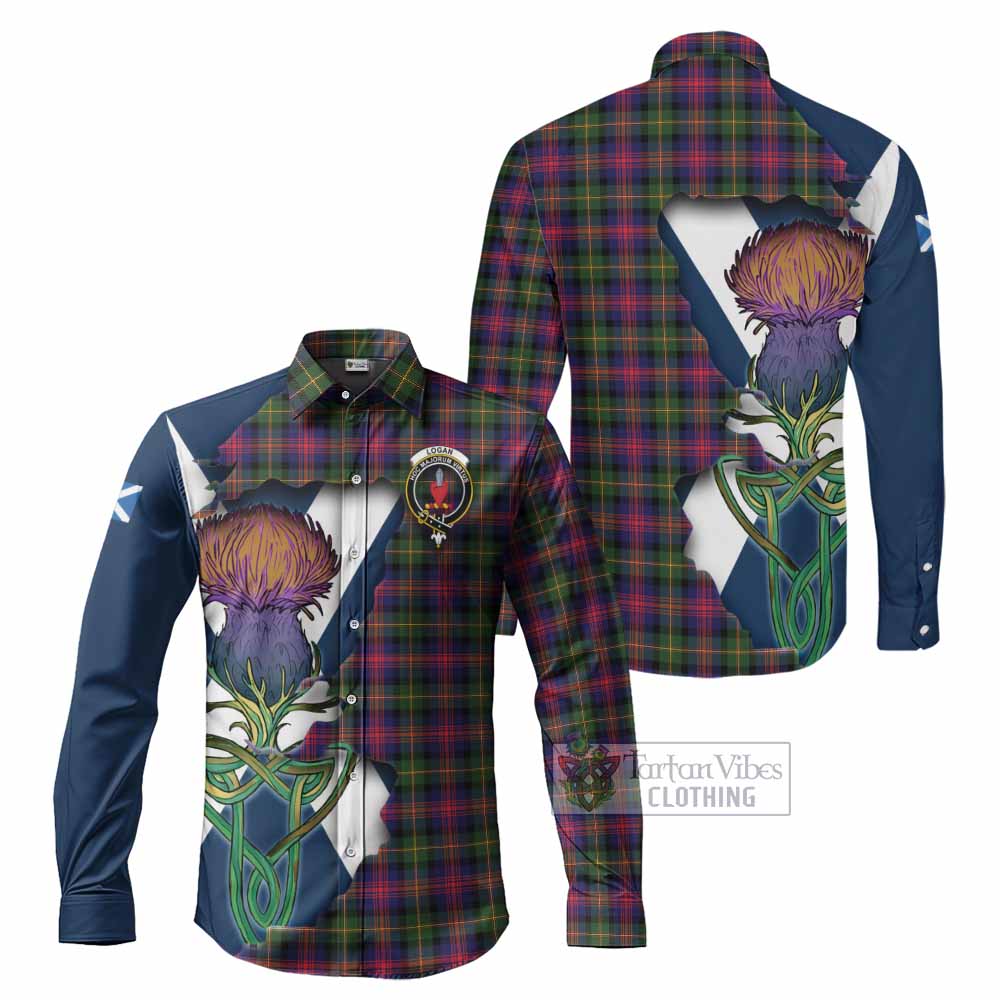 Tartan Vibes Clothing Logan Tartan Family Crest Long Sleeve Button Shirt Scottish Thistle Celtic Inspired