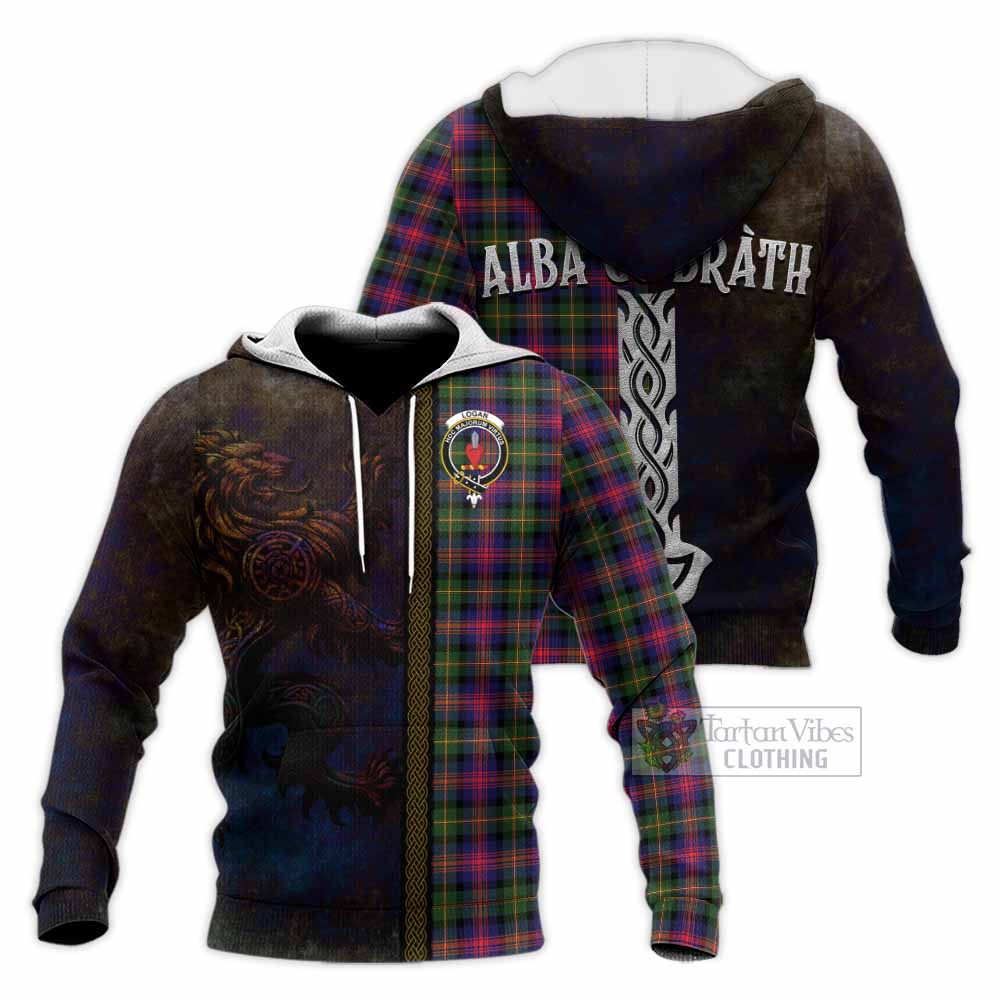 Tartan Vibes Clothing Logan Tartan Family Crest Knitted Hoodie Alba Gu Brath Be Brave Lion Ancient Style