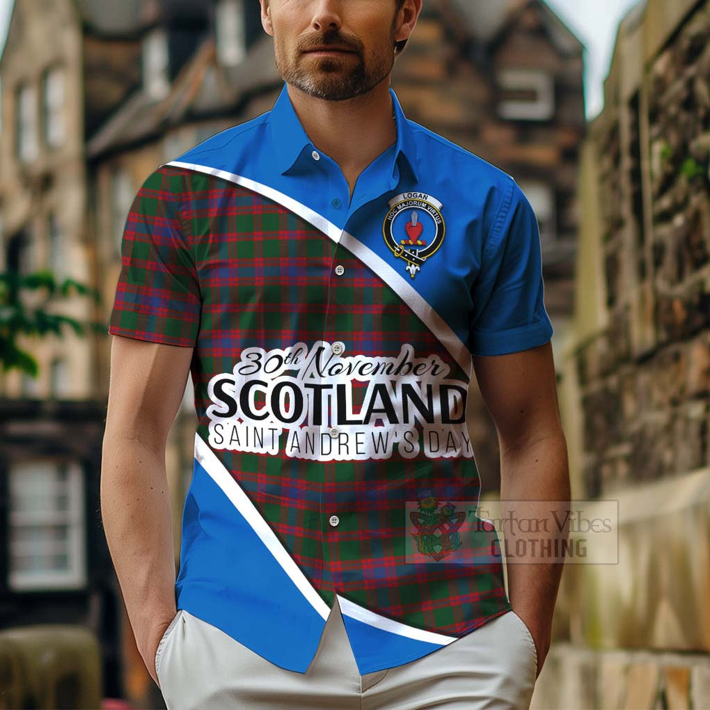 Tartan Vibes Clothing Logan Family Crest Tartan Short Sleeve Button Shirt Celebrate Saint Andrew's Day in Style