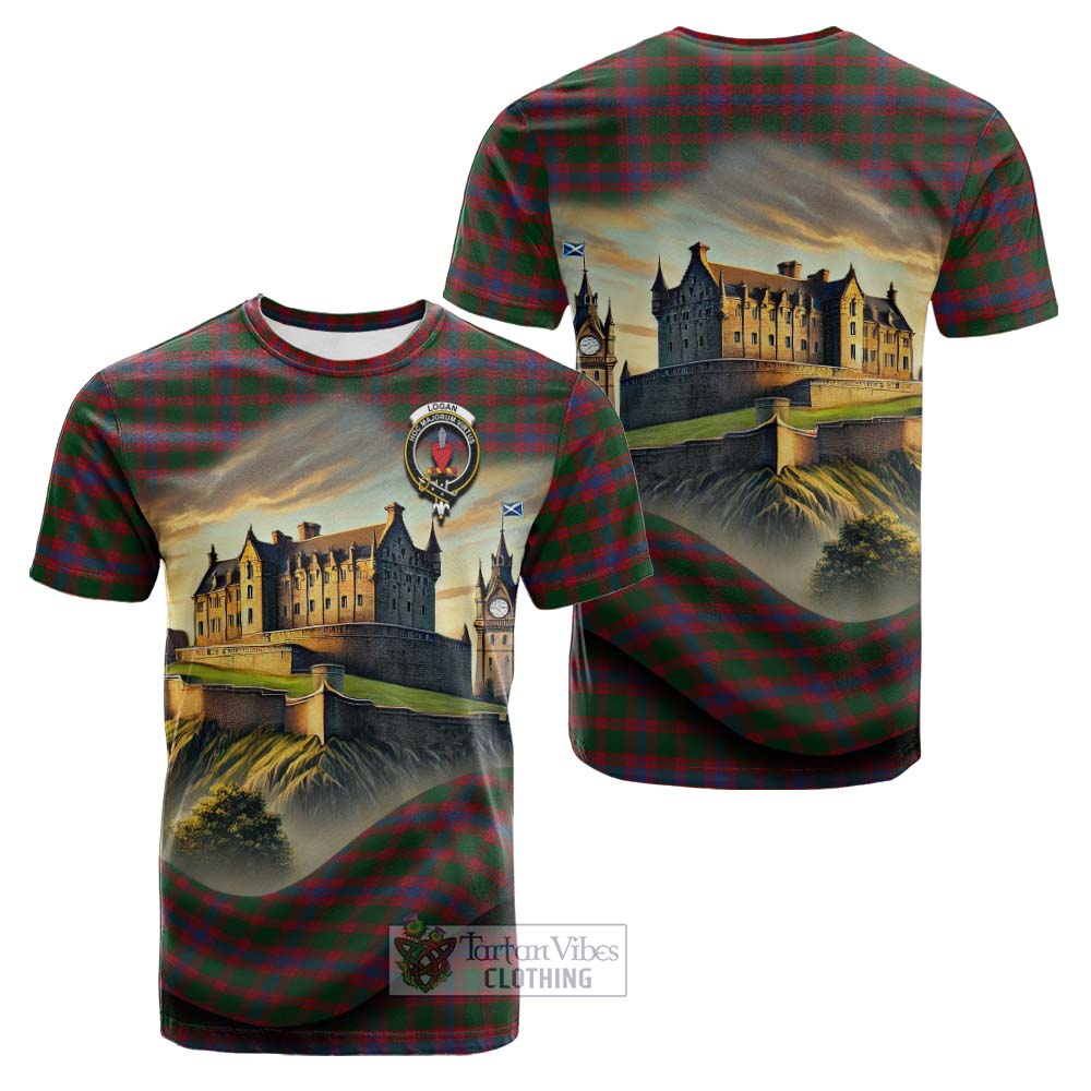 Tartan Vibes Clothing Logan Tartan Family Crest Cotton T-shirt with Scottish Ancient Castle Style