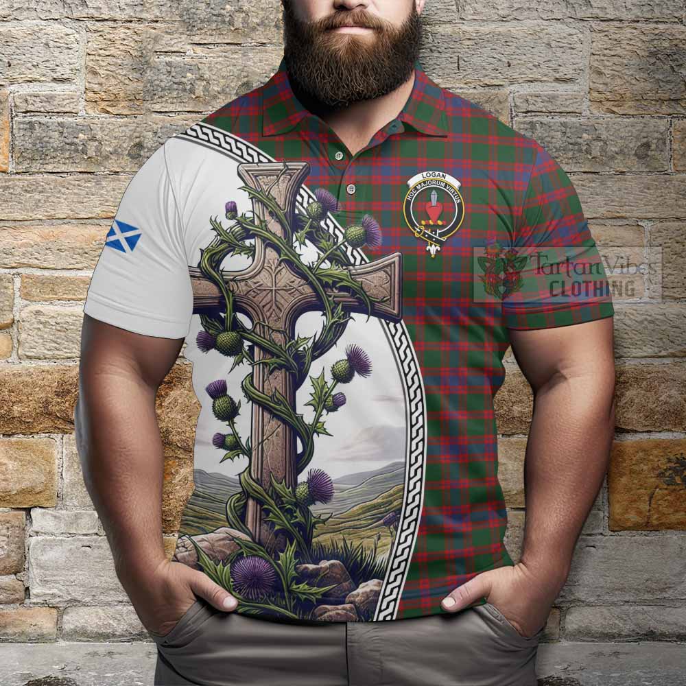 Tartan Vibes Clothing Logan Tartan Polo Shirt with Family Crest and St. Andrew's Cross Accented by Thistle Vines